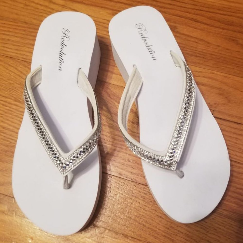 White Wedge Rhinestone Flip Flop Sandals